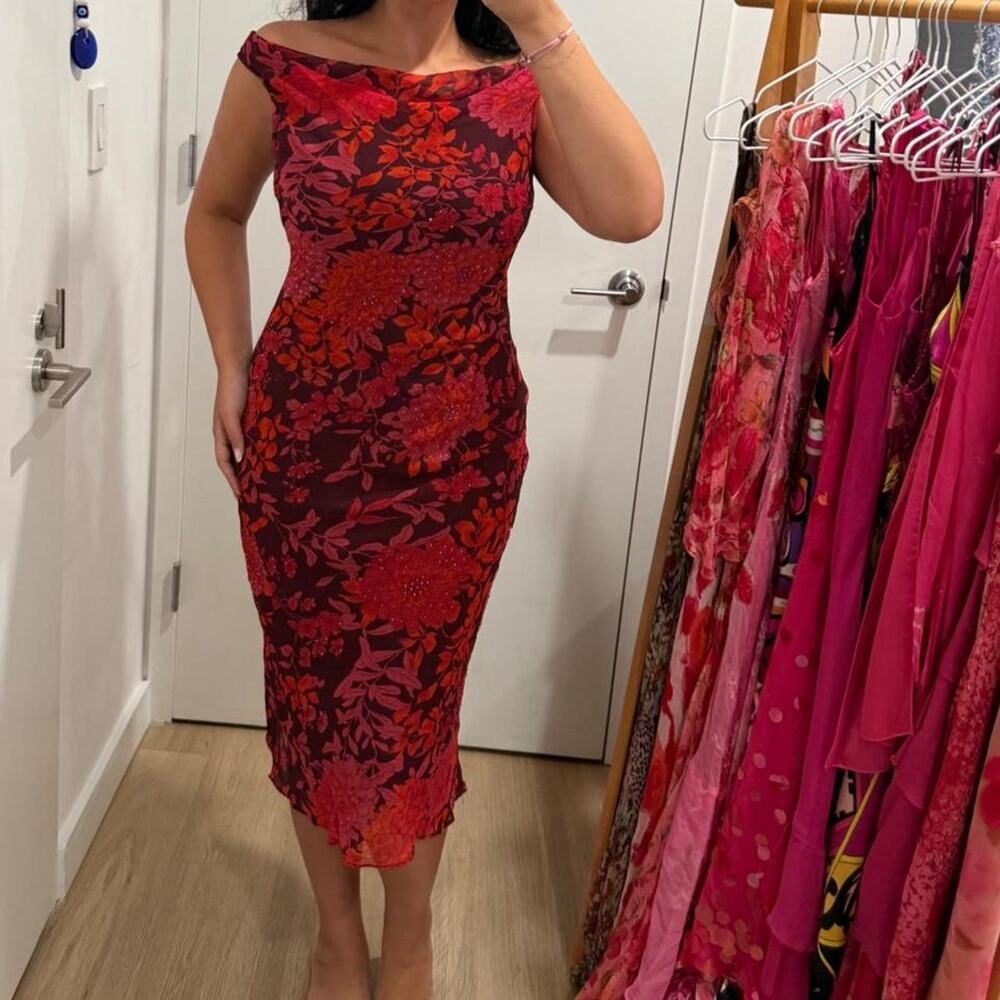 Vintage Eva Blue Red Floral Beaded Midi Dress